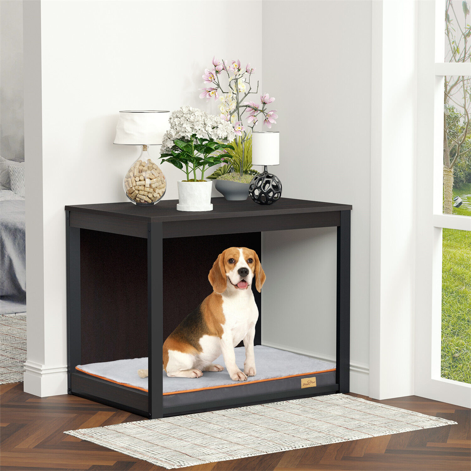 Heavy Duty Dog Crate End Table Nightstand Wood Kennel Cage Furniture House w/Bed